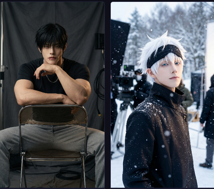 Anime-personages naast elkaar gegenereerd door de pipeline — een zittende figuur in een studio-opname en een personage in een sneeuwscène met winterjas.